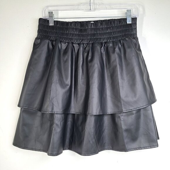 Anthropologie THML Black Layered Pleated Vegan Leather Pull on Skater Skirt - Picture 2 of 7